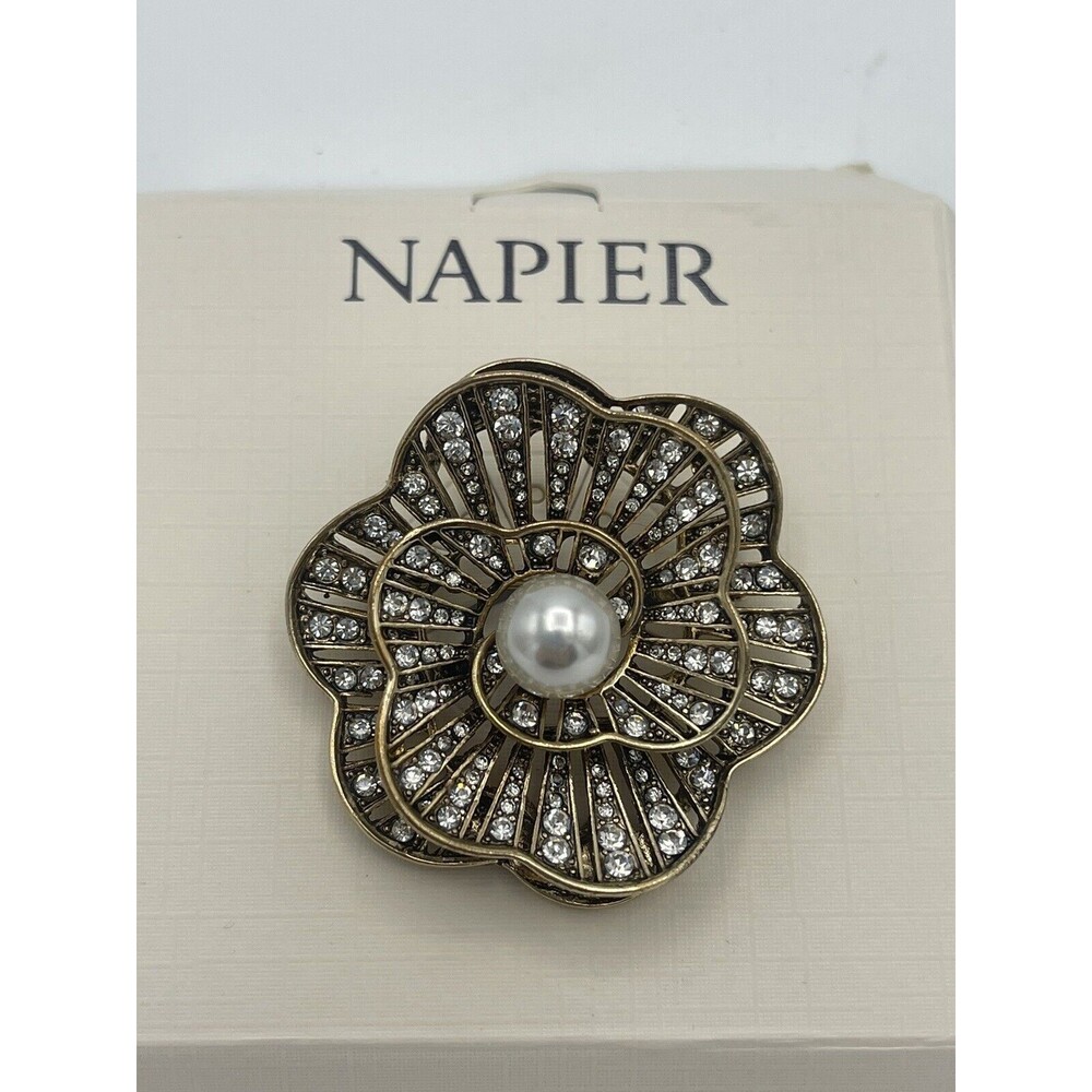 Napier Crystal & Pearl Antique Gold Tone Spiral Flower Brooch New